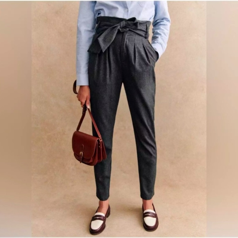 Sezane Pants 32/0-1 Gray Wool Trouser Belted Paperbag Preppy Business Old Money